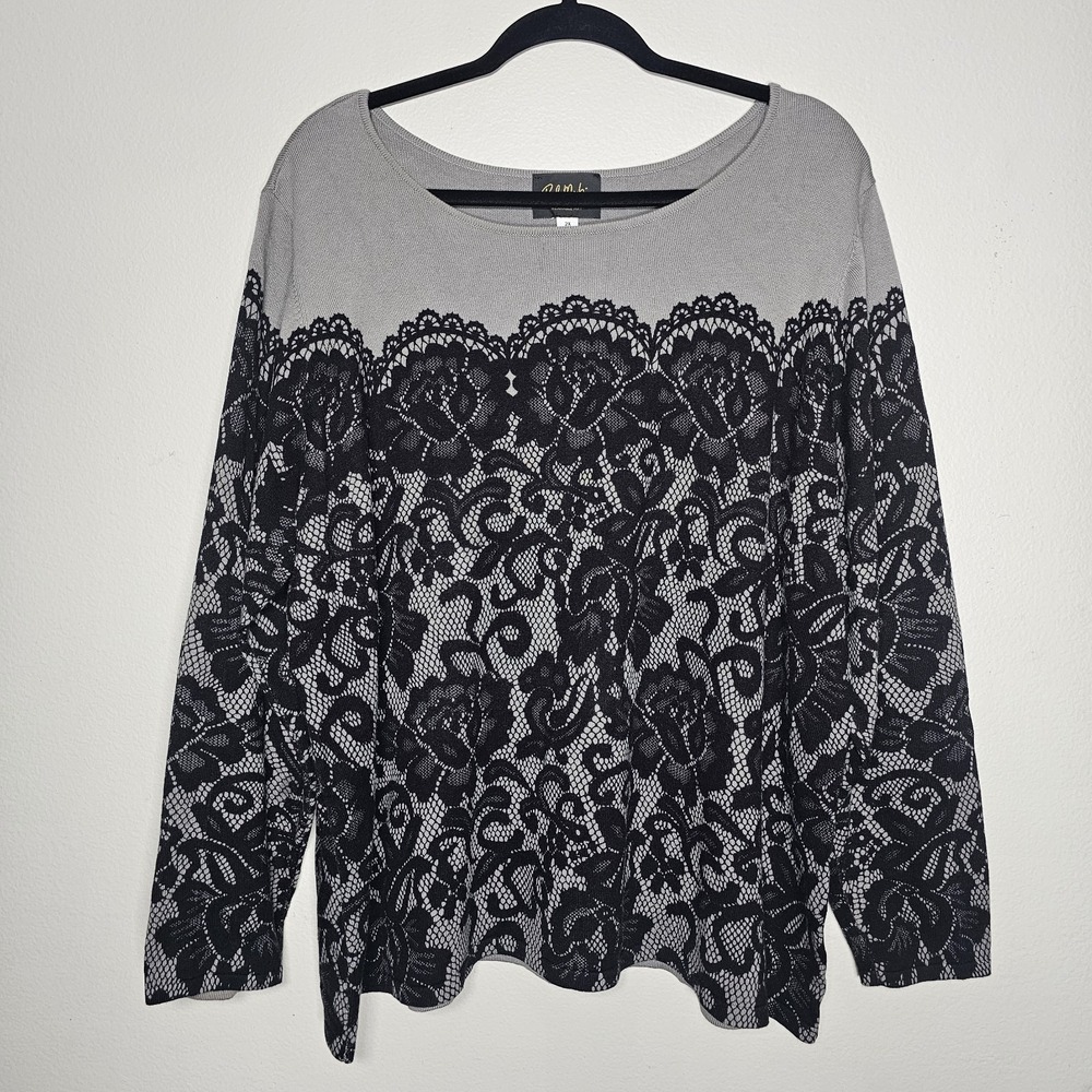 Bob Mackie Womens 2X Long Sleeve Printed Lace Pullover Sweater Gray Black Mature